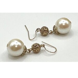 Elegant 1.5" Pearl Dangle Earrings Gold Tone Filigree Beads Chandelier Style